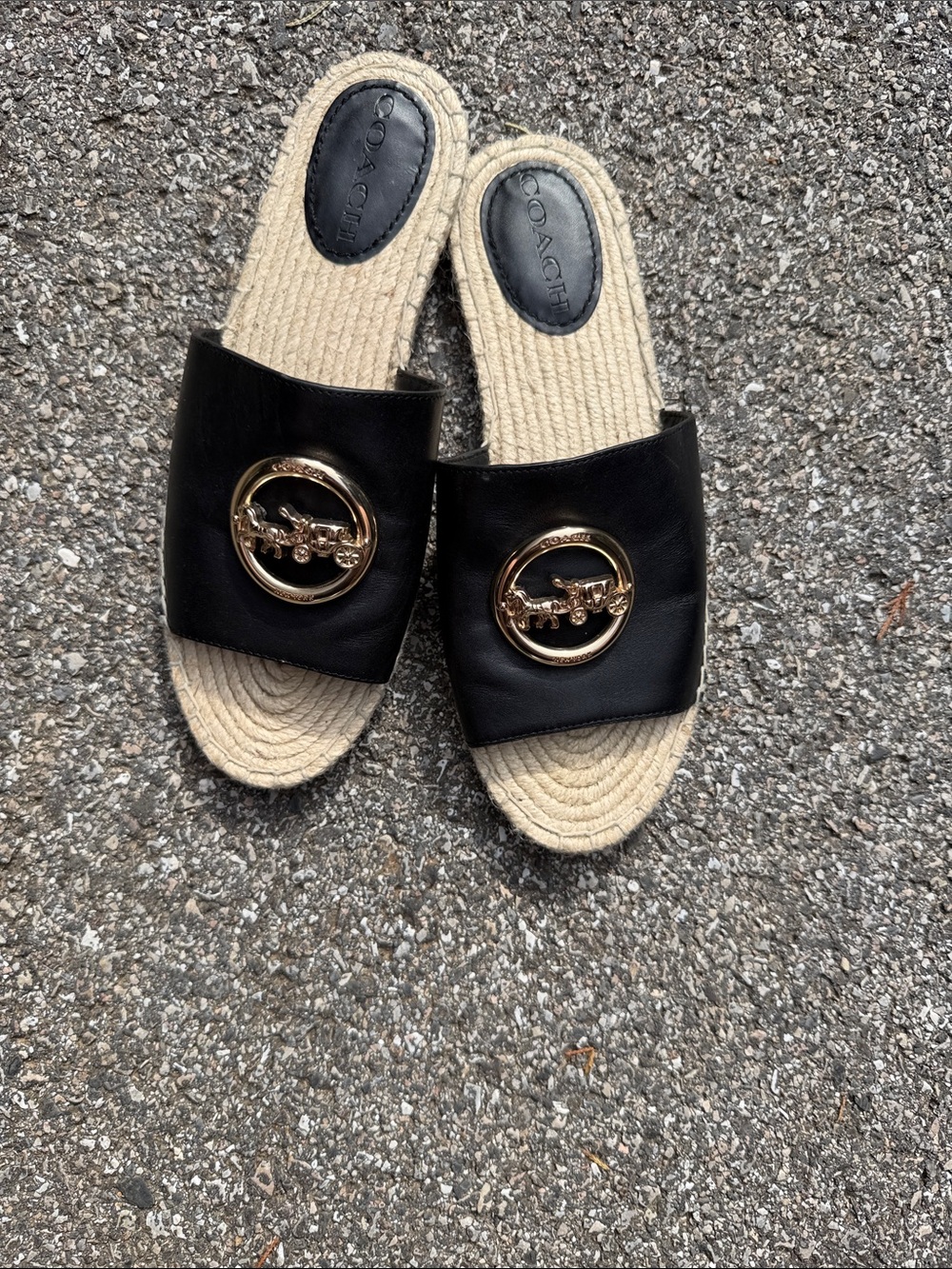 Coach Black Slide Sandals with Gold Logo Medallion